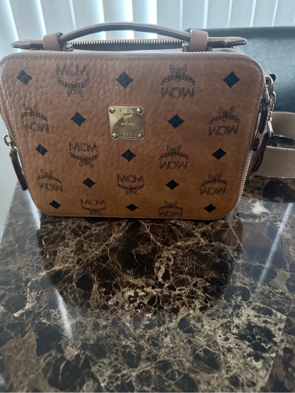 MCM Cognac Monogram Box Bag with Gold Plaque